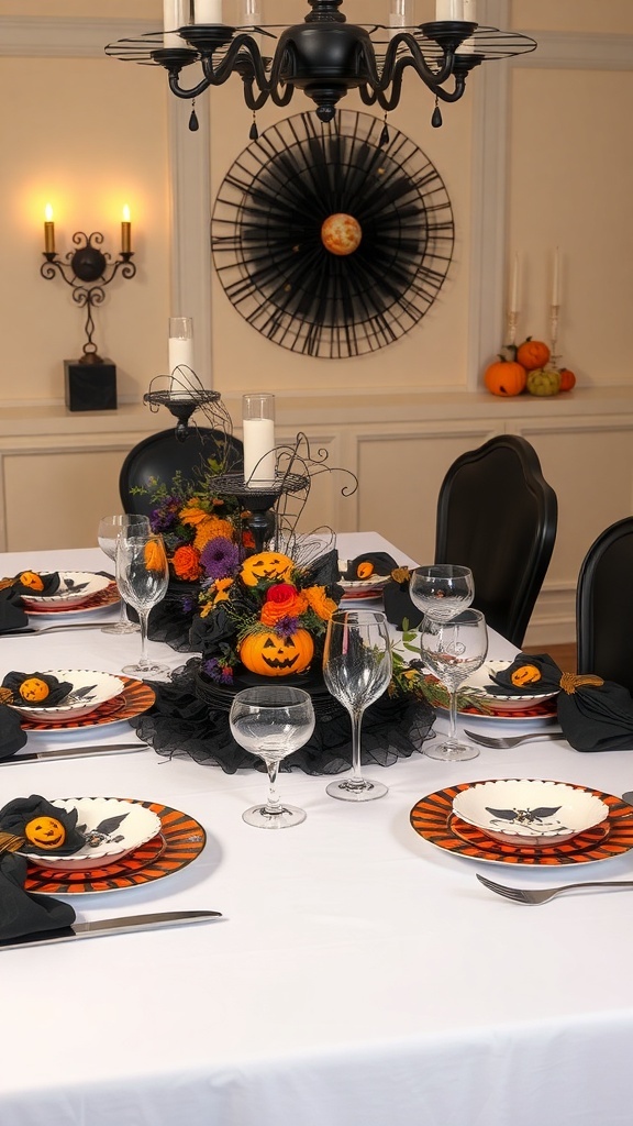 A cozy Halloween table setting featuring black and orange colors, decorated with pumpkins, flowers, and themed plates.