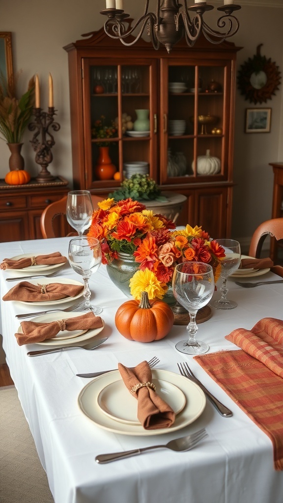 A beautifully arranged fall-themed dining table with a floral centerpiece, pumpkins, and elegant tableware.