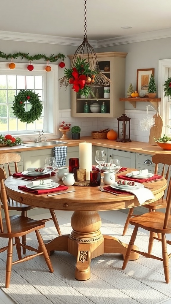 A beautifully set round farmhouse kitchen table with seasonal decorations.
