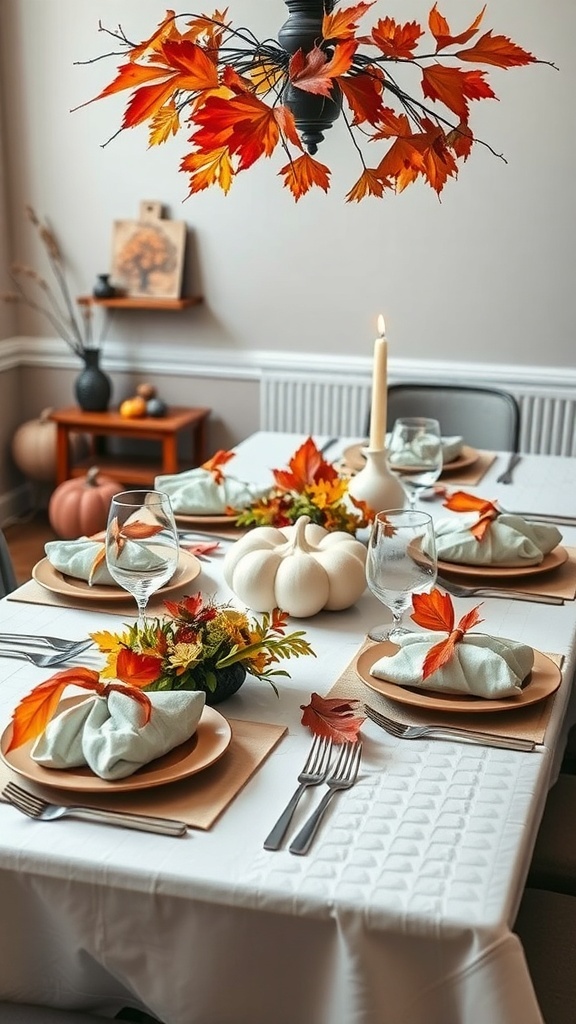 A beautifully set fall table with leaves, pumpkins, and candles.