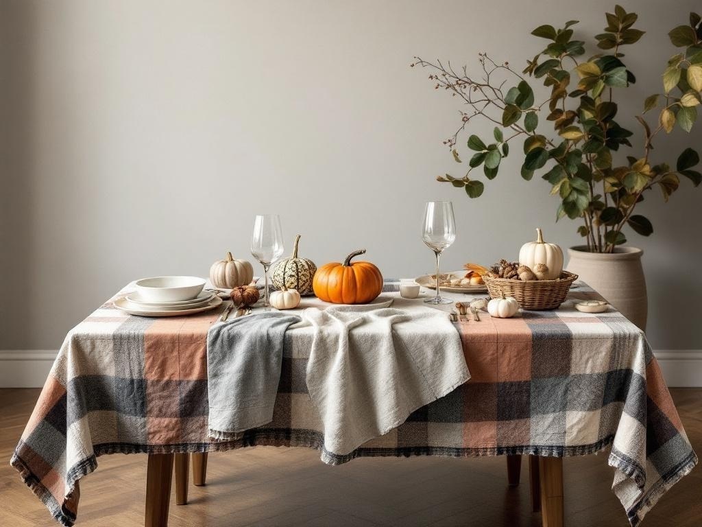 A Thanksgiving table set with a plaid tablecloth, small pumpkins, and natural decor.