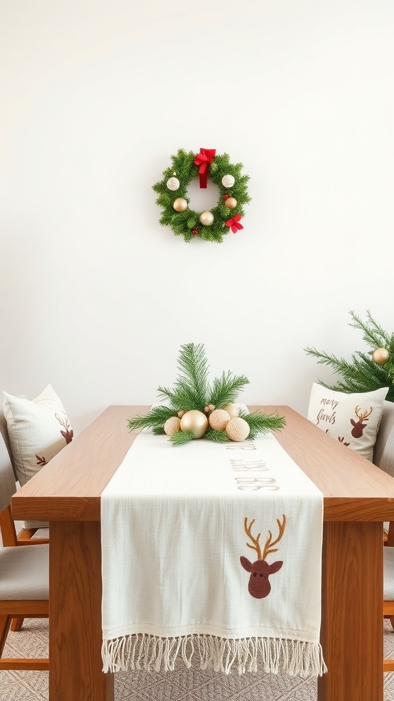 A minimal Christmas table setting with a reindeer table runner, decorative pillows, and a festive wreath.