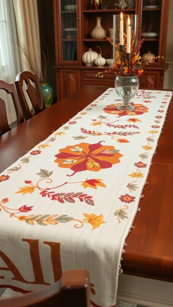 Embroidered fall table runner with leaves and flowers on a dining table