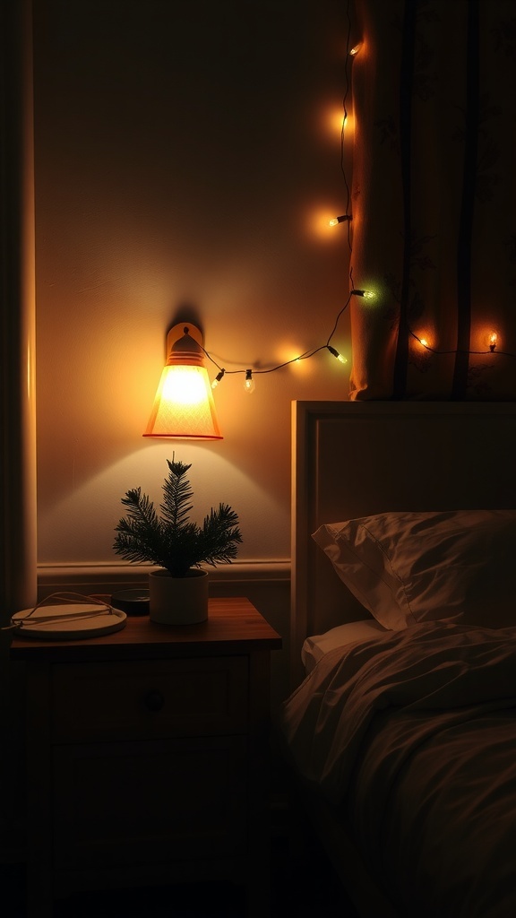 A cozy bedroom with Christmas lights and a small tree on a nightstand.