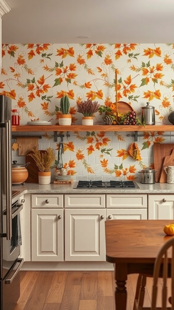Kitchen with autumn-themed wallpaper featuring orange leaves and a cozy decor.