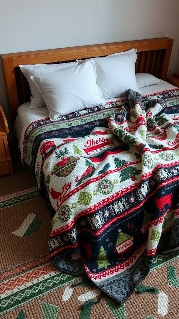 A cozy bed with a festive throw blanket featuring Christmas designs.