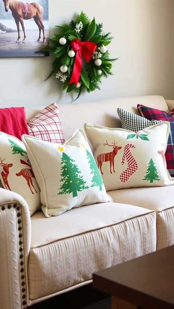 A cozy living room couch adorned with festive throw pillows featuring Christmas designs and a red blanket.