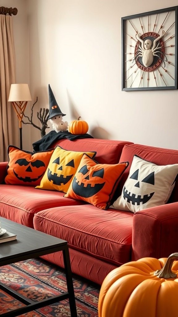 Cozy couch with Halloween-themed throw pillows and decorative pumpkins