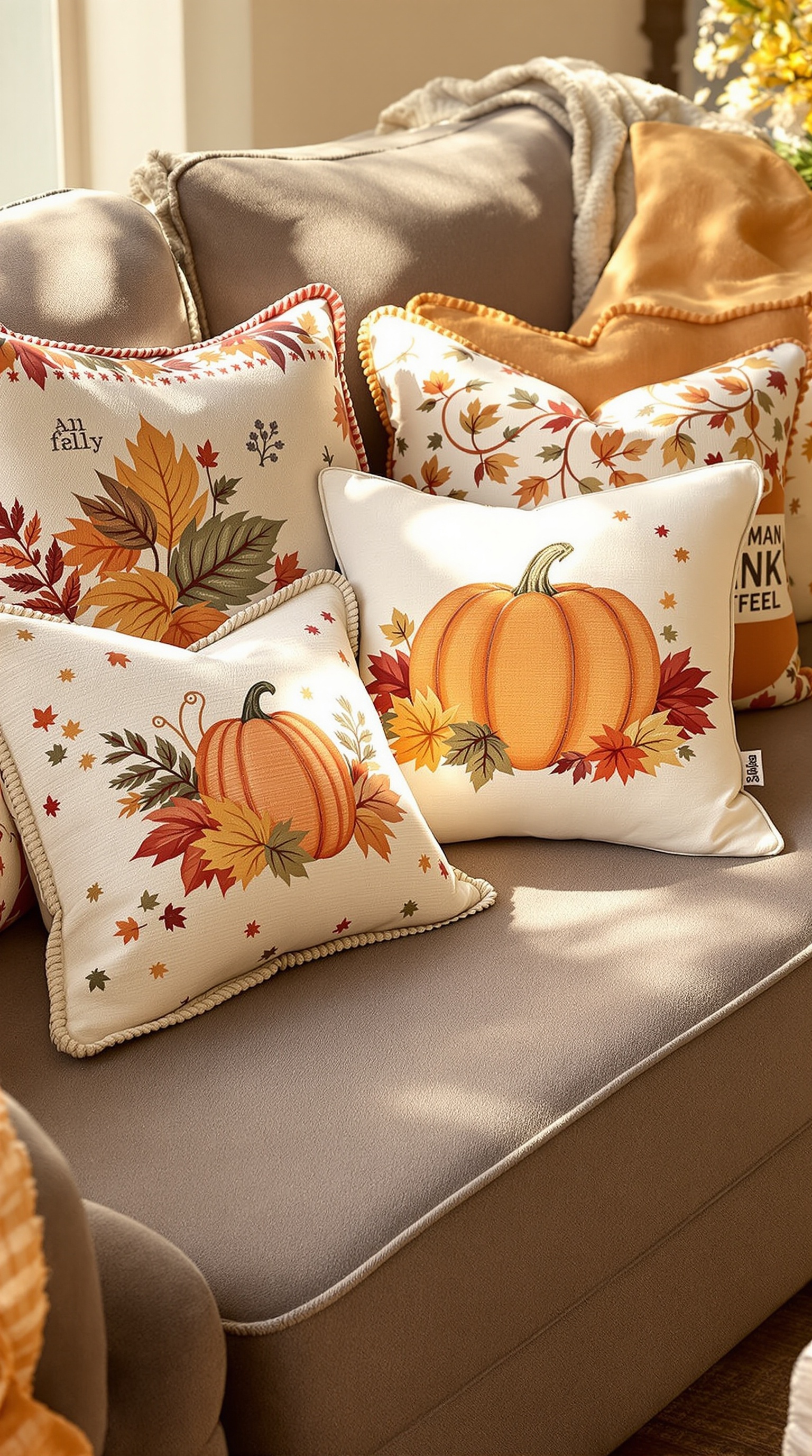 Cozy living room couch with seasonal throw pillows featuring pumpkins and autumn leaves.