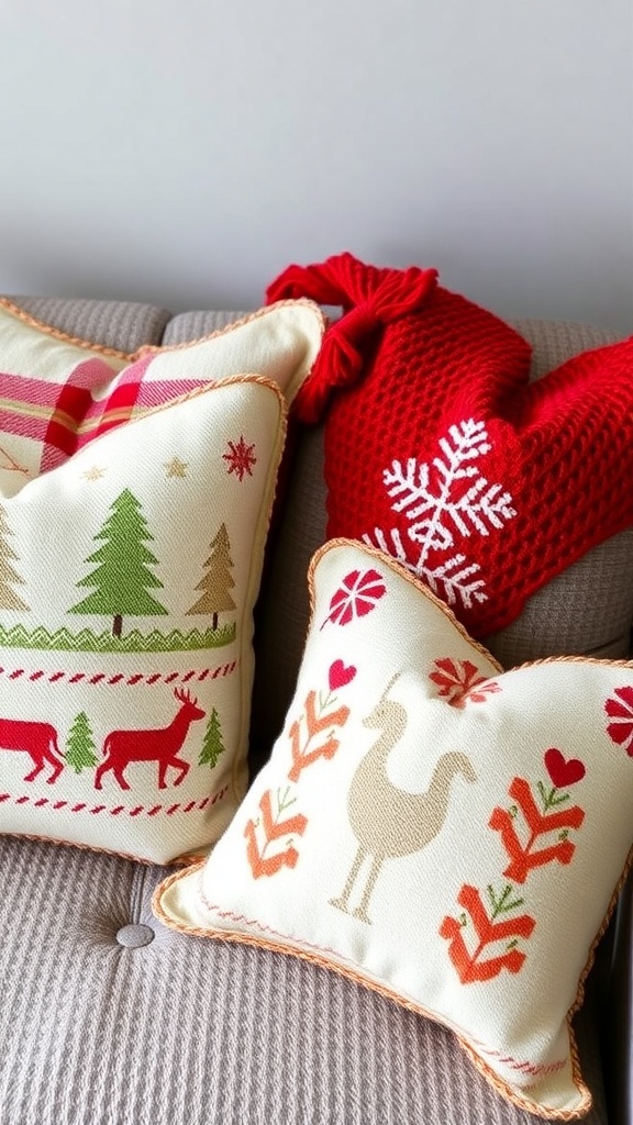 A cozy couch with winter-themed throw pillows featuring trees and snowflakes.