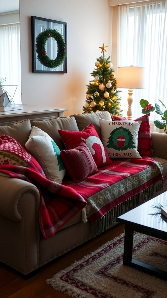 A cozy couch decorated with Christmas throw pillows and a festive blanket.