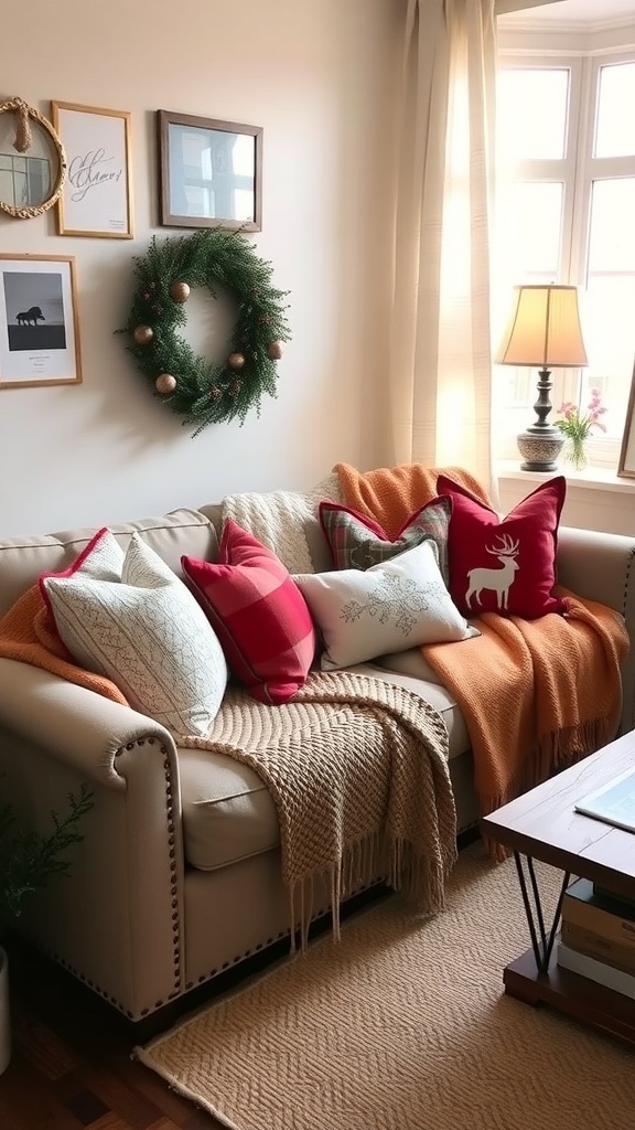 Cozy living room with Christmas-themed throw pillows and a blanket