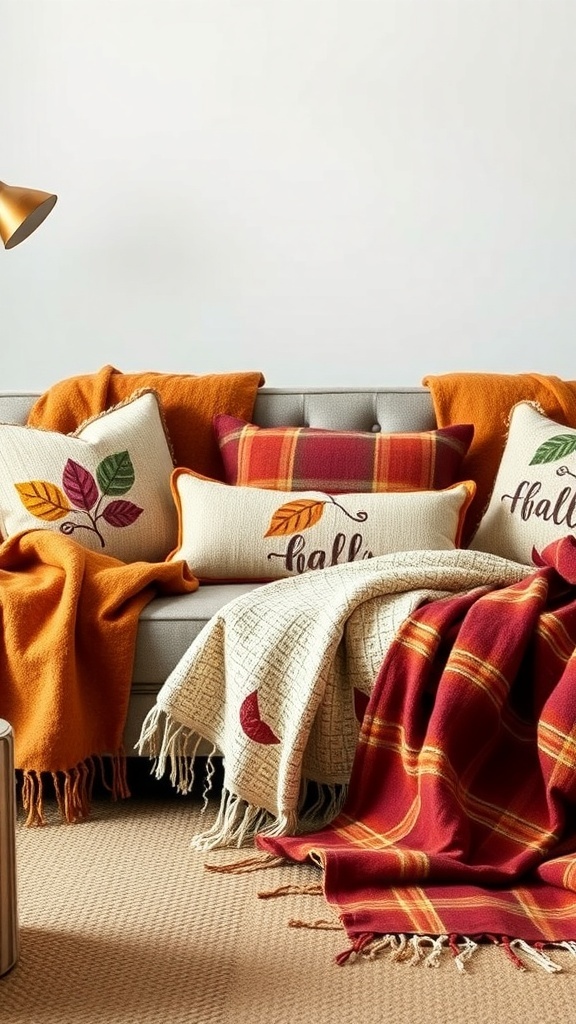 Cozy fall-themed throw pillows and blankets on a sofa, featuring warm colors and autumn leaf designs.