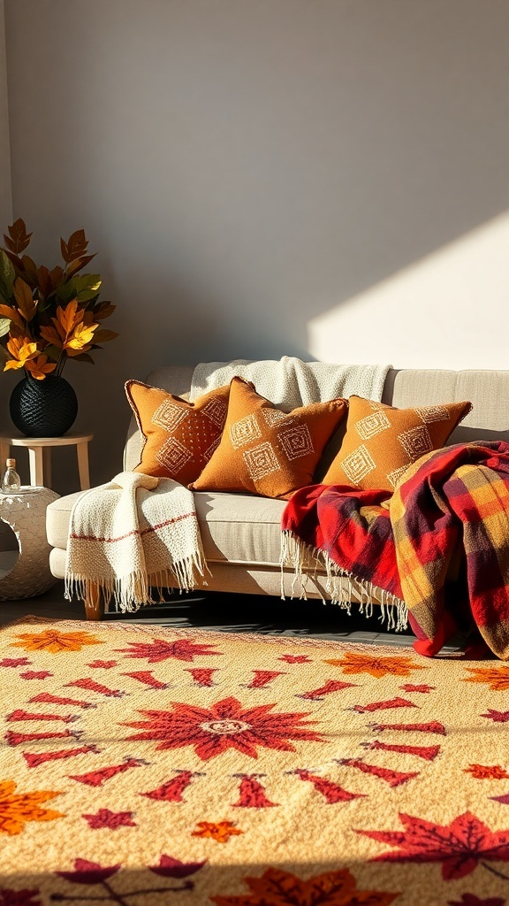 Cozy autumn living room with throw pillows and blankets