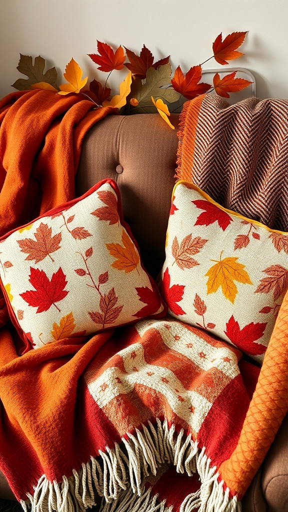 Cozy fall-themed throw pillows and blankets on a couch with autumn leaves.