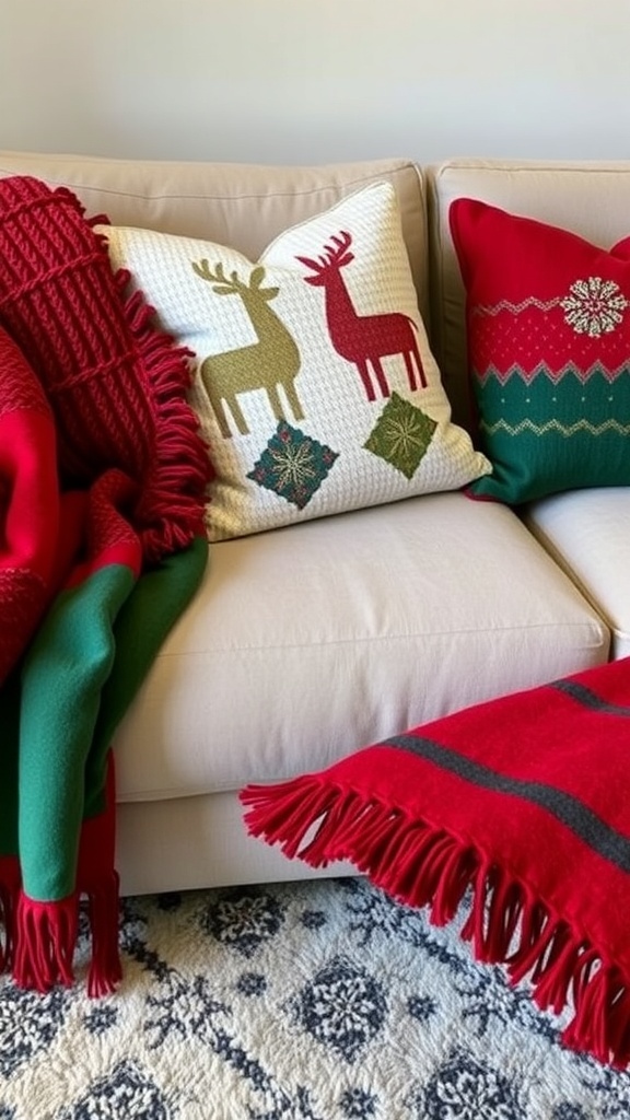 Cozy couch with Christmas-themed throw pillows and blankets in red and green.