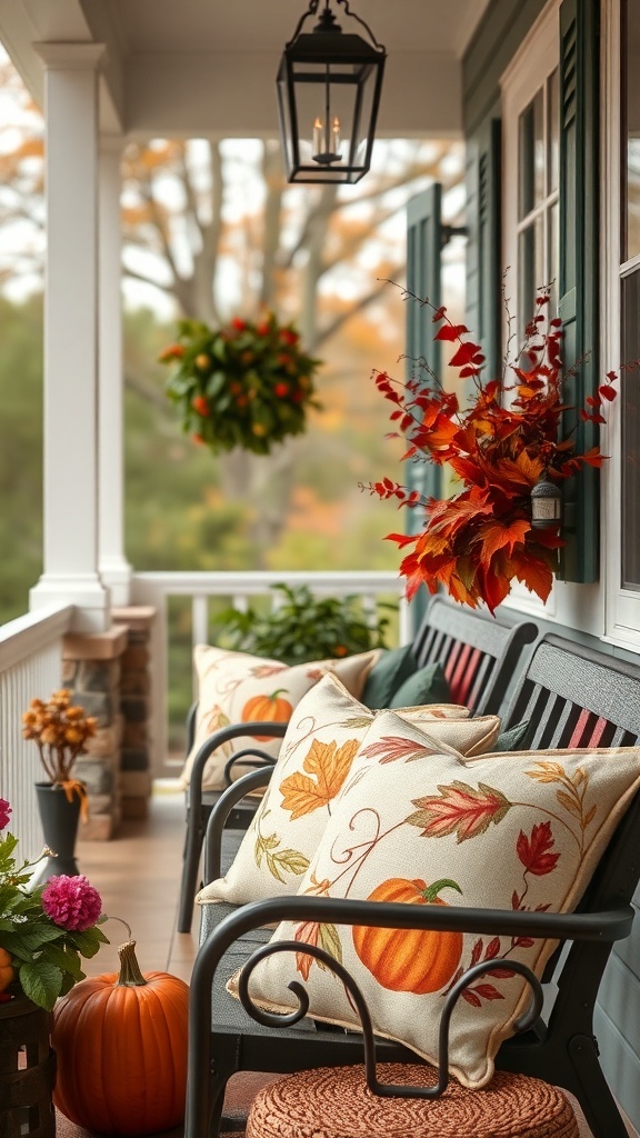 A cozy fall porch with seasonal throw pillows featuring autumn leaves and pumpkins.