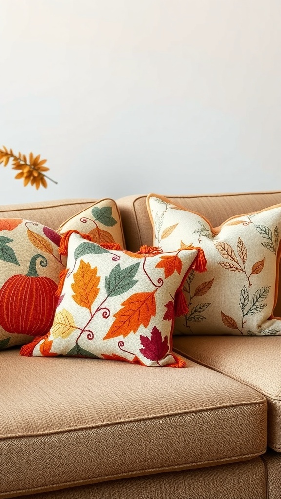 A cozy living room couch with seasonal throw pillows featuring autumn leaves and pumpkins.
