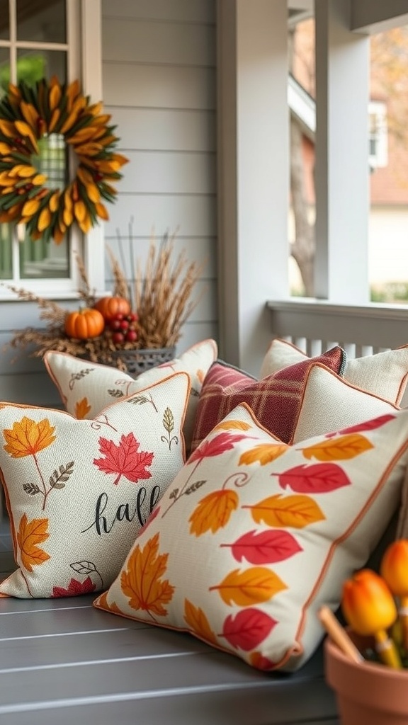 Cozy porch decorated with seasonal throw pillows featuring autumn leaves and a 'fall' message.