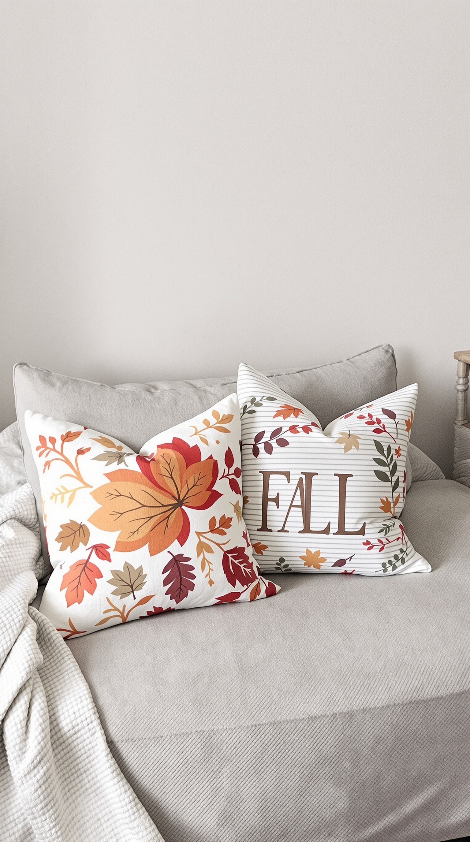 Two seasonal throw pillows on a couch, one with colorful leaves and the other with the word 'FALL' on a striped background.