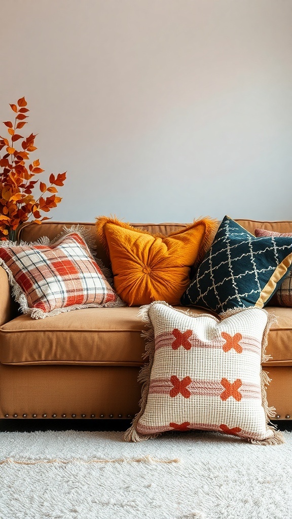 A cozy couch with a variety of throw pillows in warm autumn colors and patterns.