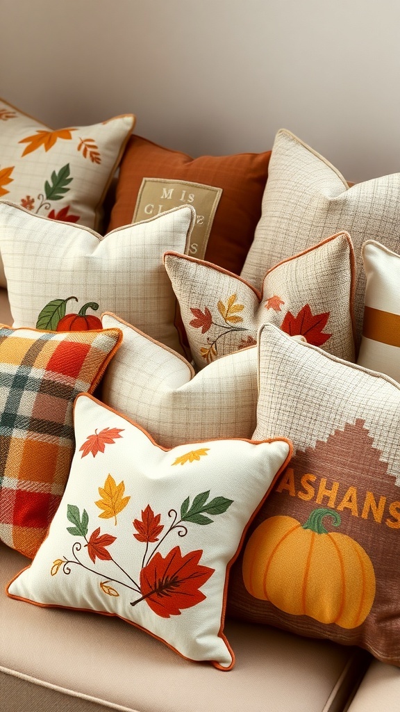 A collection of decorative throw pillows in autumn colors and designs, featuring pumpkins and leaves.
