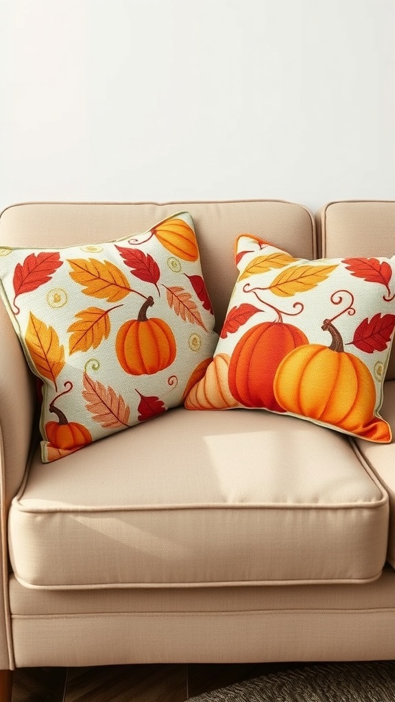 Two seasonal throw pillows with pumpkin and leaf designs on a beige sofa.