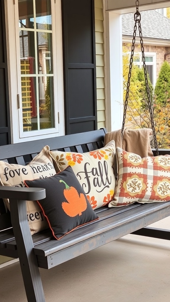 A cozy porch swing with seasonal throw pillows featuring fall themes.