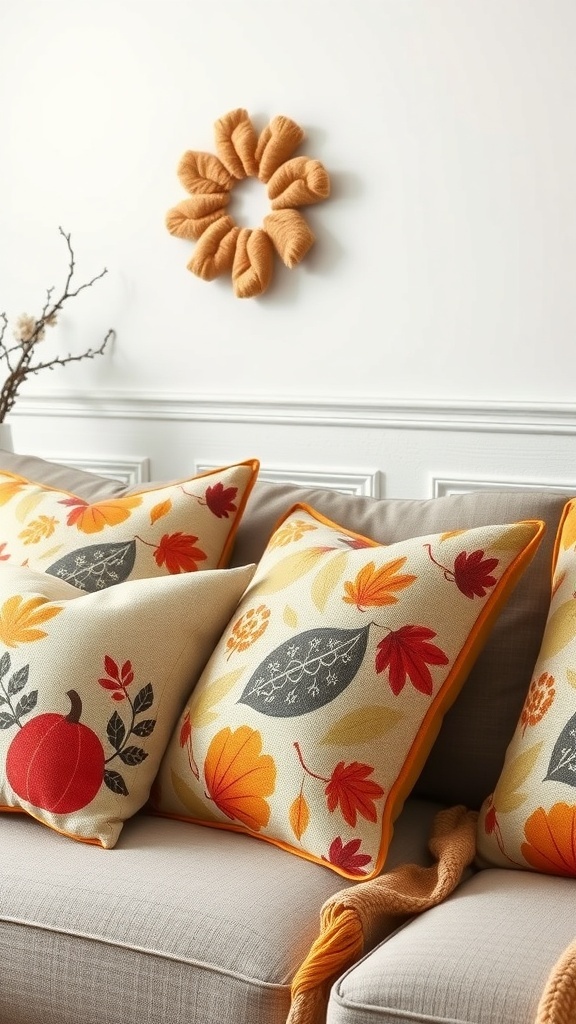 Cozy couch with seasonal throw pillows featuring autumn colors and leaf patterns.