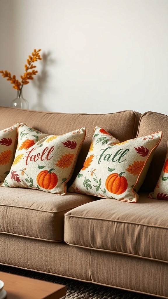Cozy couch with fall-themed throw pillows featuring pumpkins and leaves