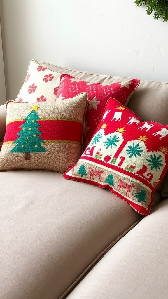A collection of colorful Christmas-themed throw pillows on a couch.