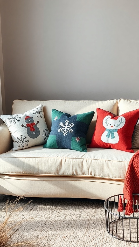 A cozy couch with winter-themed throw pillows featuring snowmen, snowflakes, and reindeer.