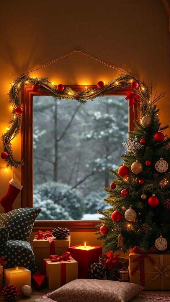 A cozy Christmas scene with a decorated tree, presents, and warm lights.