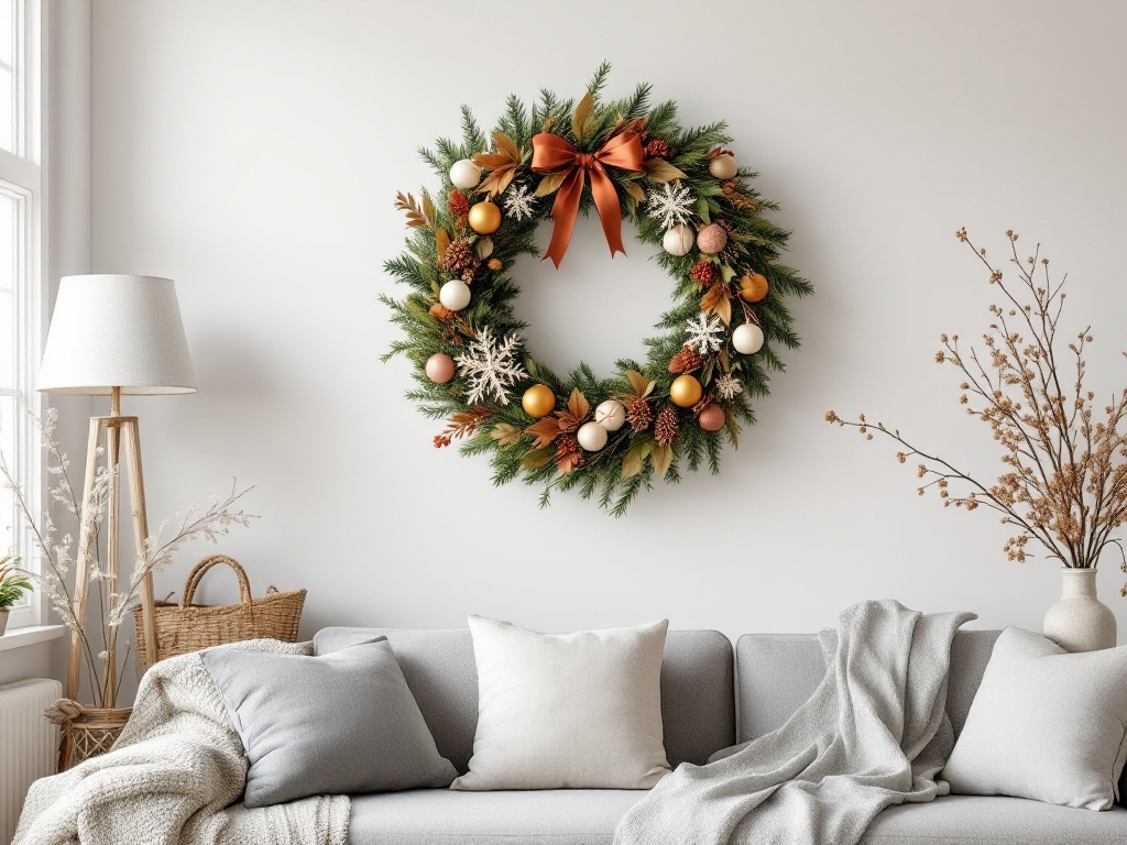A beautiful seasonal wreath with greenery, ornaments, and a ribbon, hanging on a wall above a couch.
