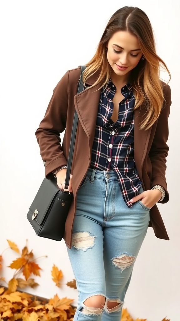 A woman wearing a brown blazer and plaid shirt with ripped jeans, surrounded by autumn leaves.