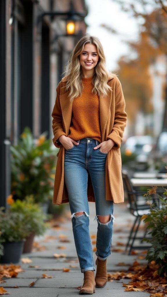 A woman in a cozy orange sweater, ripped jeans, and a stylish coat walking on a sidewalk with autumn leaves.