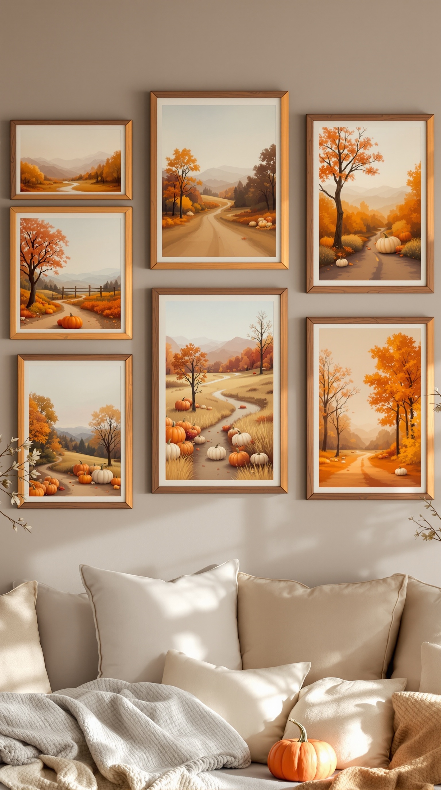 A collection of fall-themed wall art featuring autumn landscapes and Thanksgiving quotes.