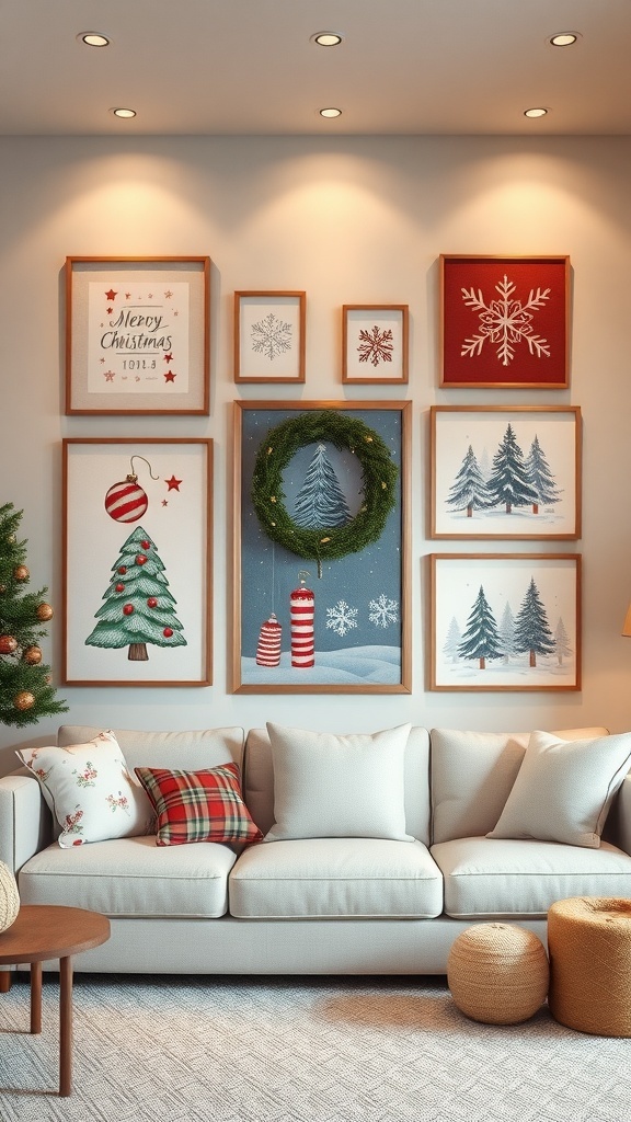 A wall decorated with various Christmas-themed art pieces and a wreath.