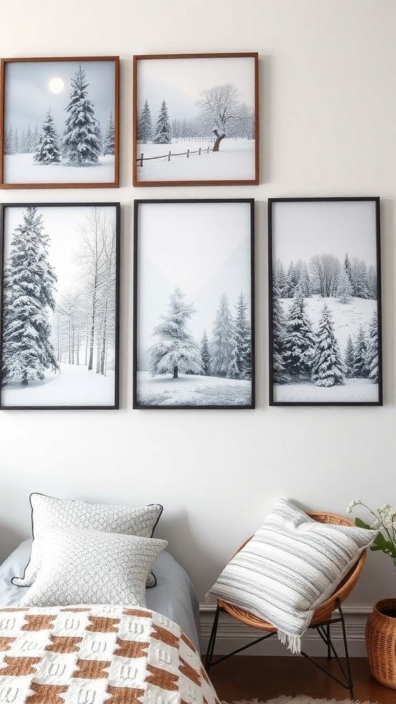A collection of framed winter-themed wall art featuring snowy landscapes and warm quotes.