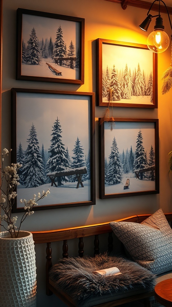 A collection of framed winter-themed wall art featuring snowy landscapes and warm quotes.