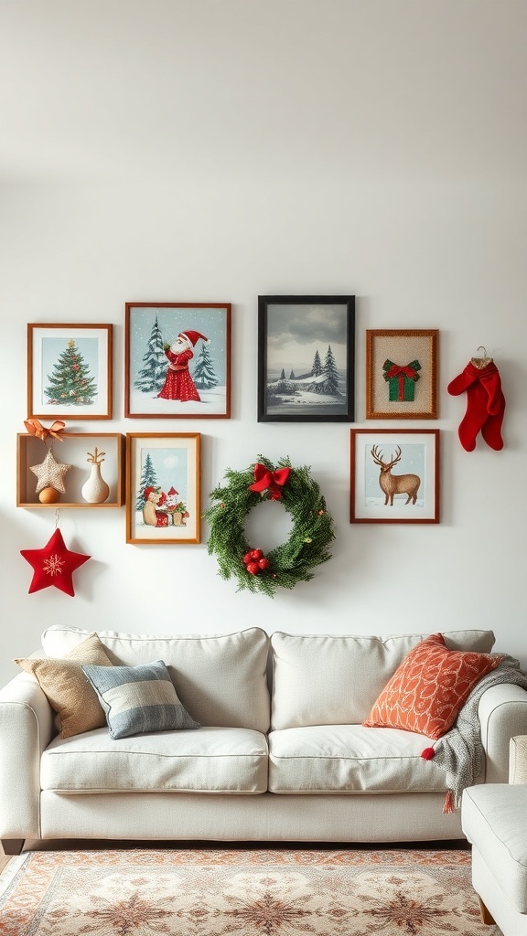 A cozy living room decorated for Christmas with seasonal wall art and decorations.