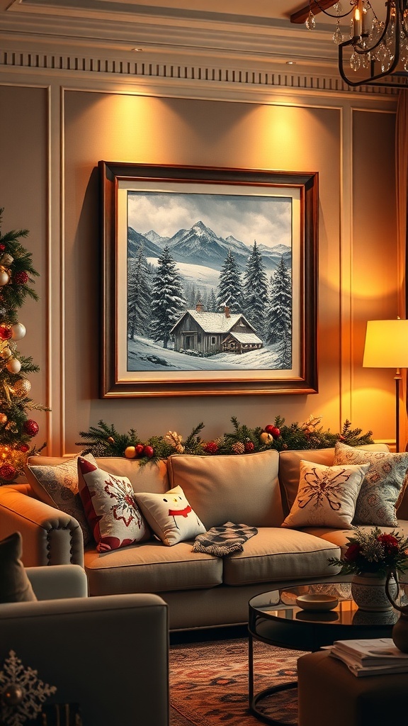 A cozy living room featuring a Christmas-themed wall art print.