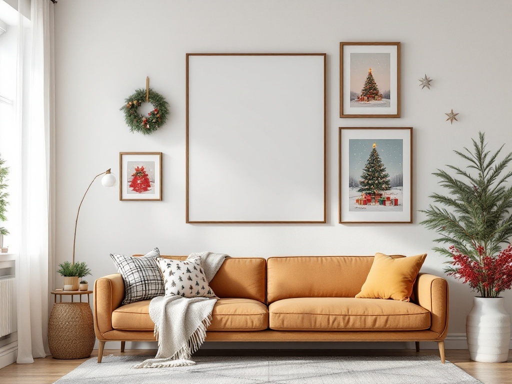 A cozy living room with an orange sofa, seasonal wall art including Christmas prints and a wreath.