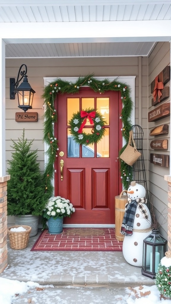 A winter porch decorated with a wreath, signs, and greenery.