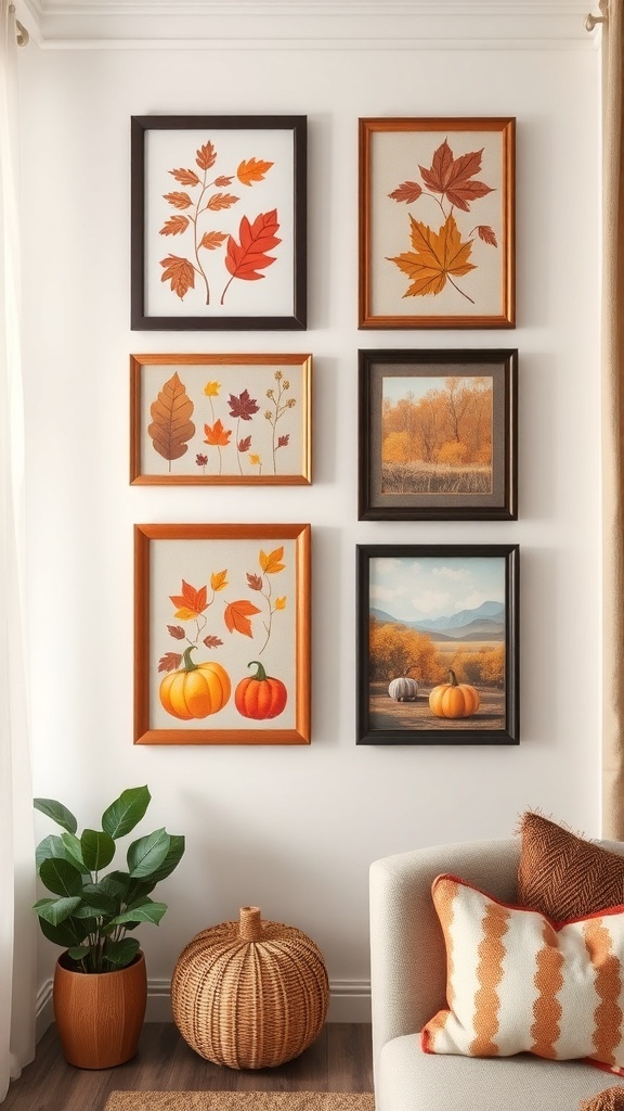 A collection of fall-themed wall art featuring leaves and pumpkins in various frames.