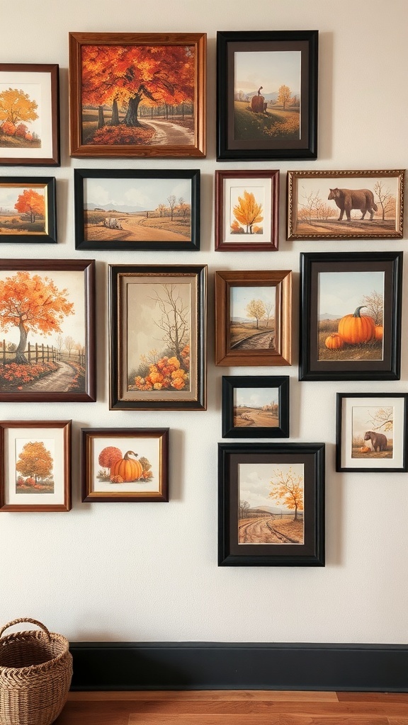 A collection of autumn-themed wall art featuring pumpkins, trees, and landscapes in various frames.