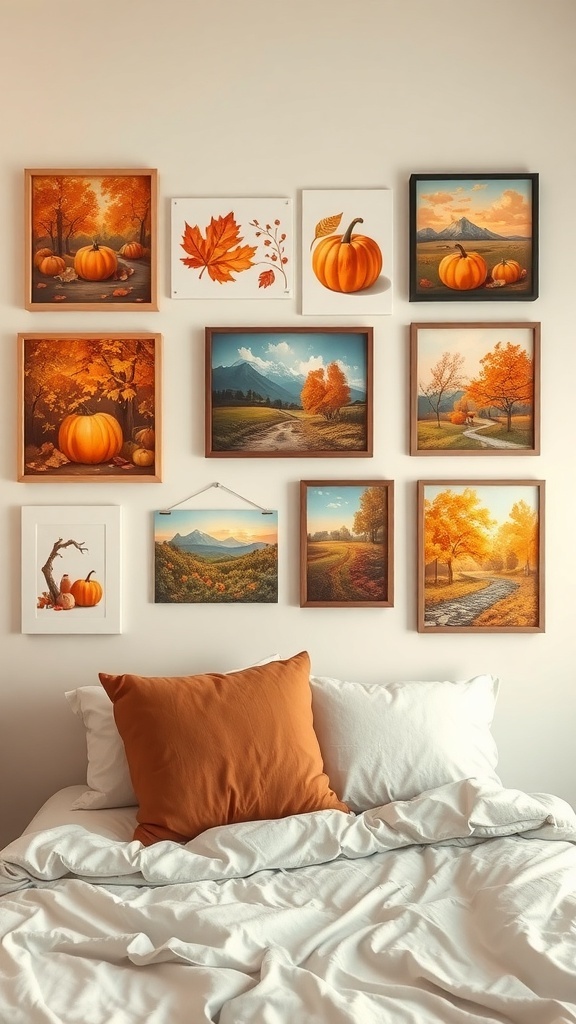 A collection of fall-themed wall art featuring pumpkins and autumn landscapes.