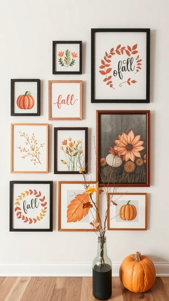 A collection of fall-themed wall art featuring pumpkins, leaves, and flowers in various frames.