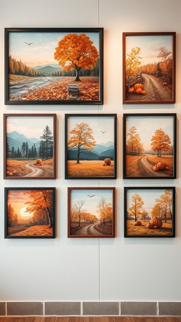 A collection of autumn-themed wall art featuring landscapes with trees, pumpkins, and fall colors.