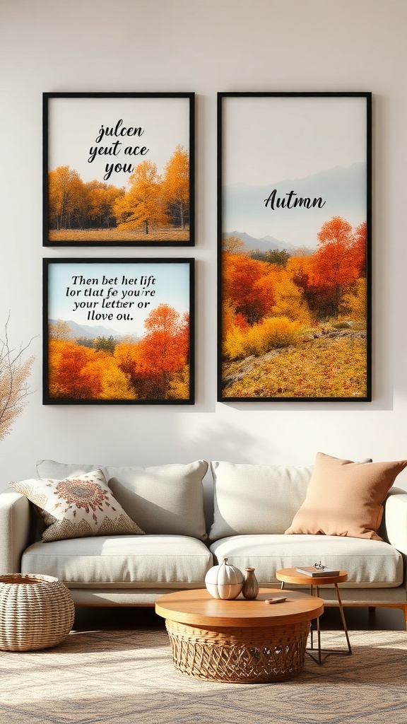 Three framed wall art pieces featuring autumn landscapes and poetic text, displayed above a cozy couch.